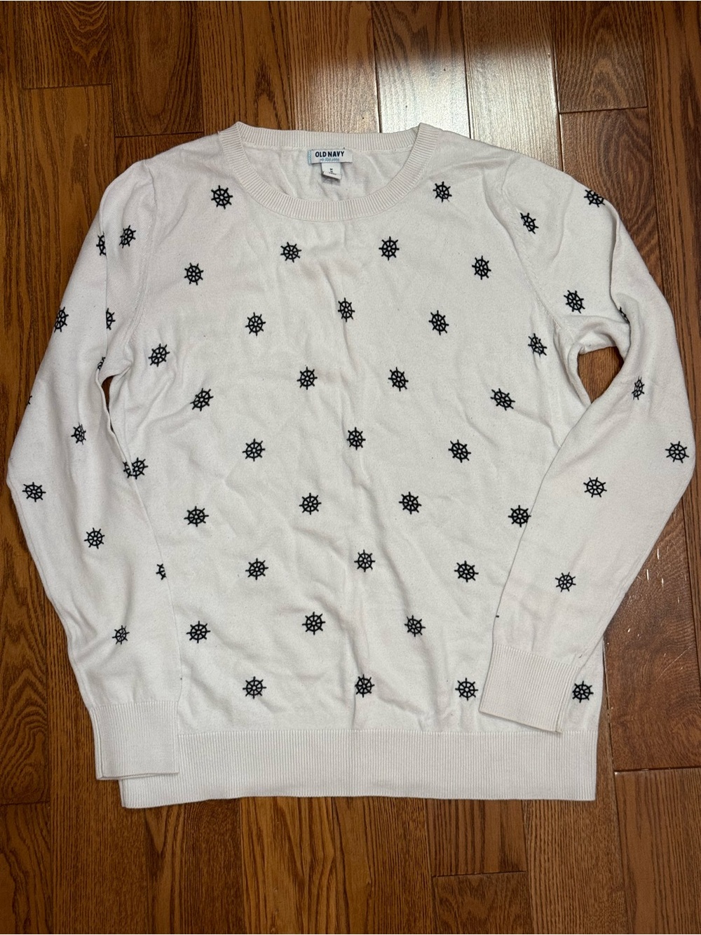 Old Navy White Crewneck Sweater with Nautical Shipwheel Pattern